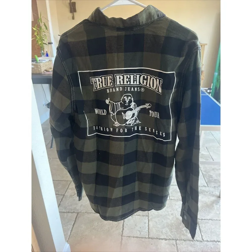 True Religion Flannel Plaid Western‎ Snap Shacket Men Size S Green Black NWT $89